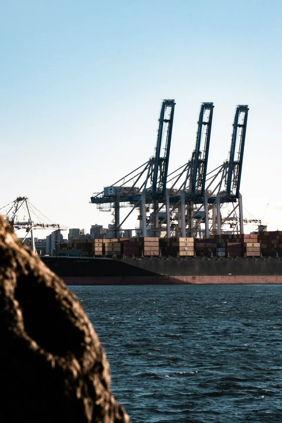 Cargo vessel and cranes at a shipping terminal